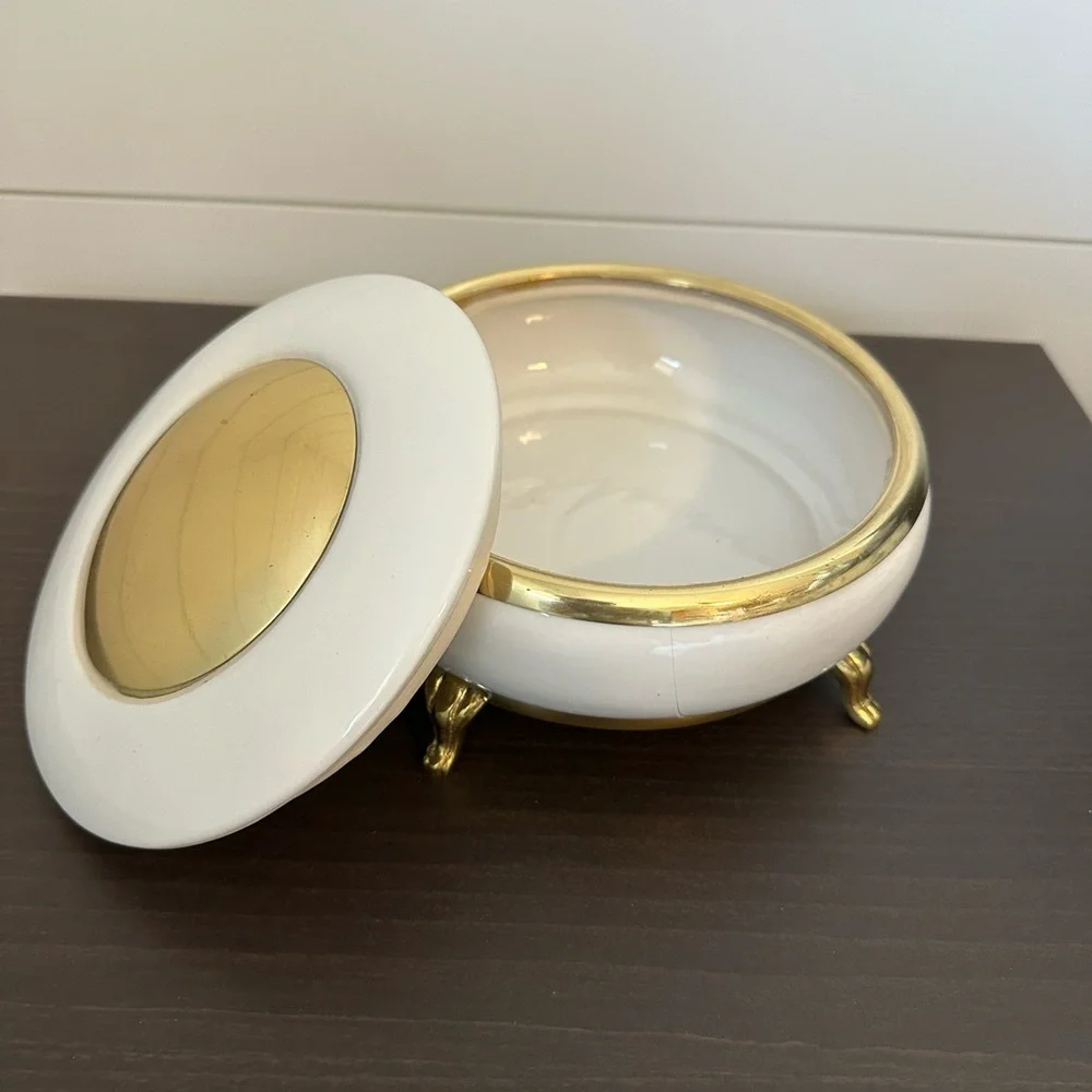 Vintage Hollywood Regency white porcelain trinket box gold gilt claw feet